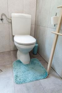 ein Badezimmer mit einem WC und einem blauen Teppich in der Unterkunft Gesztenye Nyaralópark in Balatonudvari