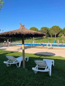 2 sedie a sdraio e un ombrellone accanto alla piscina di Agradable casa con chimenea interior y barbacoa. a Graja de Iniesta