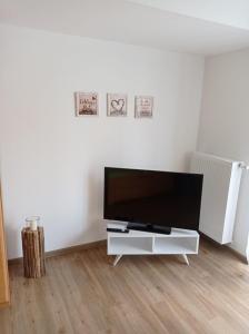 sala de estar con TV de pantalla plana en un soporte blanco en Volkach am Main, en Volkach