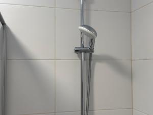a shower with a shower head in a bathroom at Studio Apartment near Linz Main Train Station in Linz