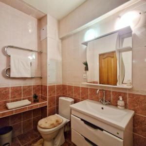 ein Badezimmer mit Toilette, Waschbecken und Spiegel in der Unterkunft Золотой квадрат in Almaty