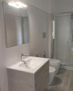 a bathroom with a sink and a toilet and a mirror at Delizioso appartamento al centro di Bosco SAN GIOVANNI A PIRO in Casal Sottano