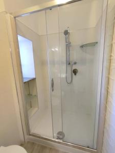a shower with a glass door in a bathroom at Delizioso appartamento al centro di Bosco in San Giovanni a Piro