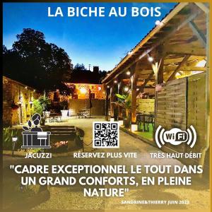 un folleto para un evento al aire libre con un edificio en La biche au bois chambres d hôtes en Cazals