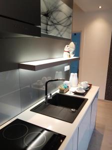 a kitchen with a sink and a counter top at Apartament City Center JAPAN - no smoking, free bottled water, coffea and tea in Koszalin