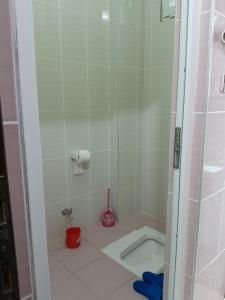 een badkamer met een douche en een toilet. bij Doğa manzaralı ev 