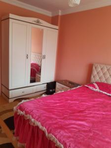 una camera con letto rosa e specchio di Doğa manzaralı ev 