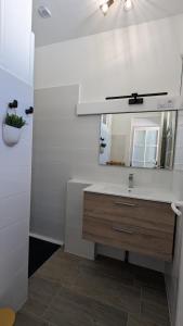 ein Bad mit einem Waschbecken und einem Spiegel in der Unterkunft Les escales Périgourdines, Lucie, 3 étoiles in Trémolat