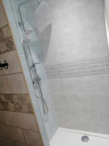 um chuveiro com uma porta de vidro na casa de banho em Agroturystyka u podnóża Gór Sowich em Pieszyce
