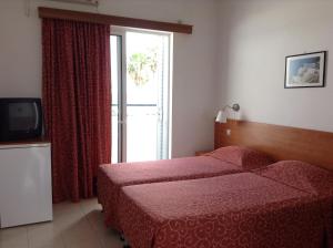 a bedroom with a bed and a tv and a window at Pylea Beach Hotel in Ialysos
