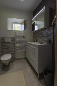 a bathroom with a toilet and a sink and a mirror at le Guimapé in Assay