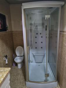 a bathroom with a shower and a toilet at Naalya Estate House in Kampala