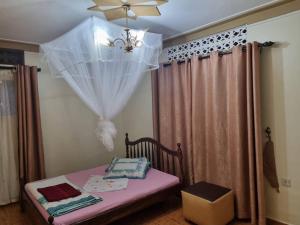 Schlafzimmer mit einem Bett mit Moskitonetz in der Unterkunft Naalya Estate House in Kampala