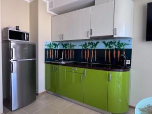 ZveyniyektsiyemsにあるSea Side apartment Zvejniekciemsのキッチン(緑のキャビネット、冷蔵庫付)