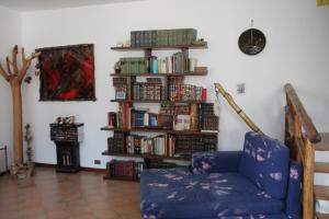 un soggiorno con divano e libreria piena di libri di Antica Dimora del Portico a Borgiallo