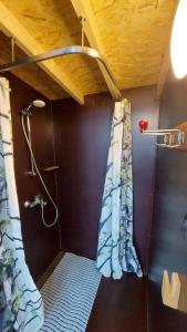 a bathroom with a shower with a shower curtain at Intsu Royal Kadakametsa Glämp in Liiva