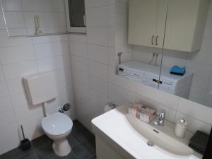 a white bathroom with a toilet and a sink at Ferienwohnung am Gässle in Altdorf