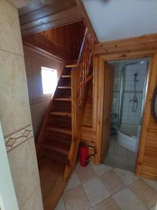 a bathroom with a staircase in a tiny house at NIESULICE. DOMEK JEZIORO. NIESLYSZ in Niesulice