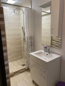 a bathroom with a white sink and a shower at Lavender Garden Apartment in Debrecen