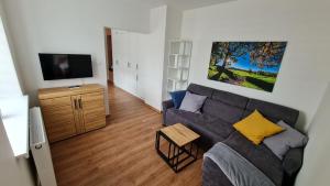 a living room with a couch and a flat screen tv at Horský apartmán Karlovice in Karlovice