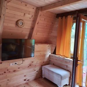 a room with a flat screen tv in a log cabin at Family S house - Komarnica in Šavnik