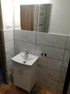 a bathroom with a sink and a mirror at Apartament nad Węgorapą in Węgorzewo