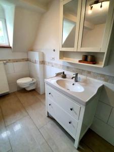a white bathroom with a sink and a toilet at Helle Ferienwohnung - Südeifel in Ammeldingen