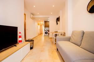 Una sala de estar con un sofá y un televisor de pantalla plana. en Apartamento en el Puerto de l’Ampolla, en L'Ampolla