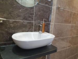 a bathroom with a white sink and a mirror at Loft Sympa au calme in Sourdun