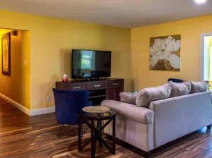 a living room with a couch and a tv at Tampa-Lutz 3bdr2bath 20 min to Stadium, Airport in Lutz