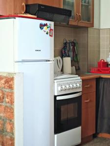 a white refrigerator freezer sitting in a kitchen at Charming Cottage Novo Čiče in Novo Čiče +17 photos