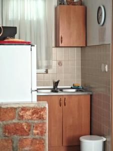 a kitchen with a sink and a brick wall at Charming Cottage Novo Čiče in Novo Čiče