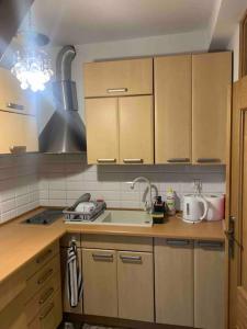 a kitchen with wooden cabinets and a sink and a stove at Apartament Raszyn za grosze 