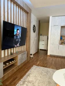 a living room with a flat screen tv on a wall at Apartman Jakov in Bečići