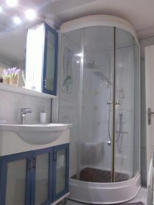 a bathroom with a shower and a sink at by The Sea Apartment in Iraklitsa +36 photos