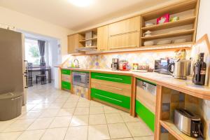 a kitchen with wooden cabinets and green counters at Villa Bellavista I in Portorož