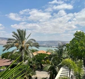 a view of the ocean from a resort with palm trees at Kinneret View in Kinneret