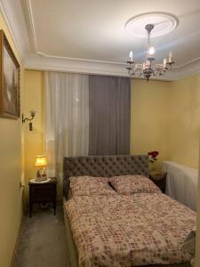 1 dormitorio con cama y lámpara de araña en Apartament z naturą w Piasecznie, en Piaseczno