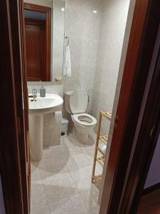 a bathroom with a toilet and a sink at Paraíso Soleado: Piso con Terraza, Piscina y Garaje a 5 min de Playa in Castro-Urdiales