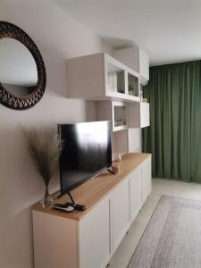 Herastau Apartment في بوخارست: غرفة معيشة مع تلفزيون بشاشة مسطحة ومرآة