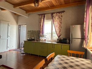 una cucina con armadi verdi, frigorifero e tavolo di Ailus a Chok-Tal