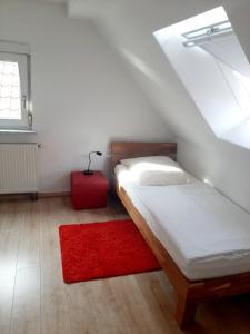 1 dormitorio con 2 camas y alfombra roja en Altstadthaus Günzburg, en Günzburg