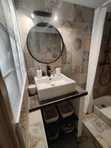 ein Bad mit einem Waschbecken und einem Spiegel in der Unterkunft Appartement de Charme L'Isle-sur-la-Sorgue sur la Sorgues in LʼIsle-sur-la-Sorgue