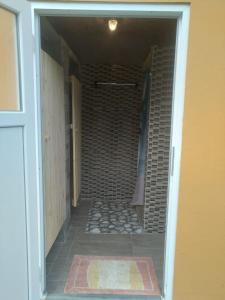 a doorway to a bathroom with a walk in shower at Hiška Zeleni raj in Podnart