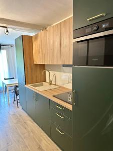 Somptueux studio de 17m2 Bernex في بيرنيكس: مطبخ مع مغسلة وموقد فرن علوي