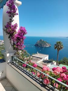 a balcony with flowers and a view of the ocean at La Pergola del Torchio in Ischia