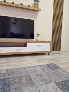 sala de estar con TV grande y alfombra en ORI Classy Apart Malul Mureșului en Arad