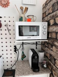 eine Mikrowelle auf einer Küchentheke in der Unterkunft Appartement Hüttenzauber in Sankt Englmar in Sankt Englmar
