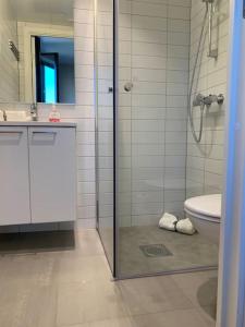 y baño con ducha, aseo y lavamanos. en Central 1 bedroom apartment NB!! Small room, en Oslo