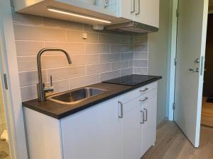 a kitchen with a sink and white cabinets at Central 1 bedroom apartment NB!! Small room in Oslo
